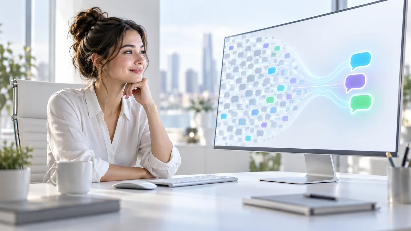 A friendly operator watching a bright dashboard sort thousands of Reddit posts into a short list of strong leads