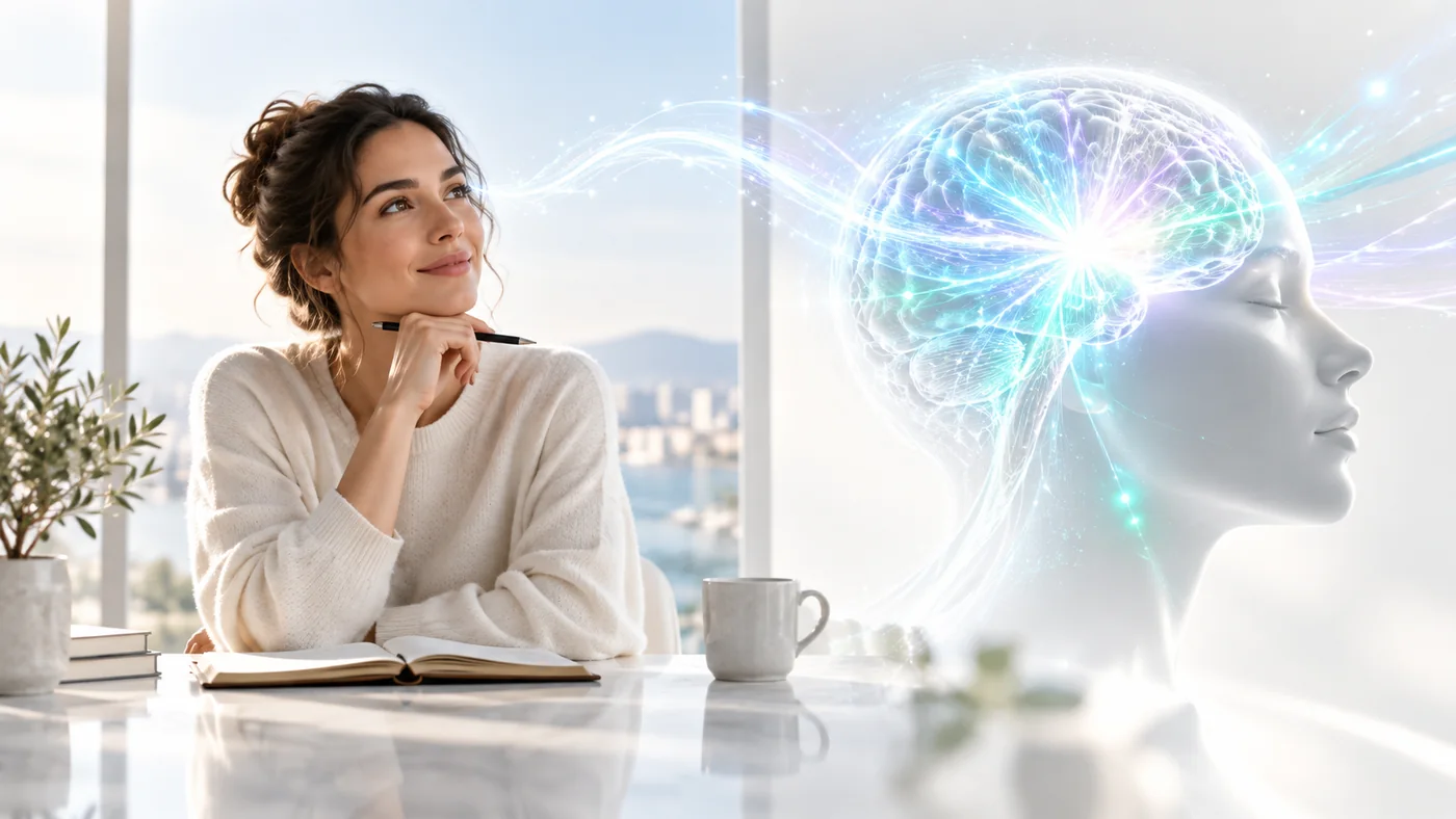 A calm split image of instinctive versus deliberate thinking, rendered in bright Melaya brand light