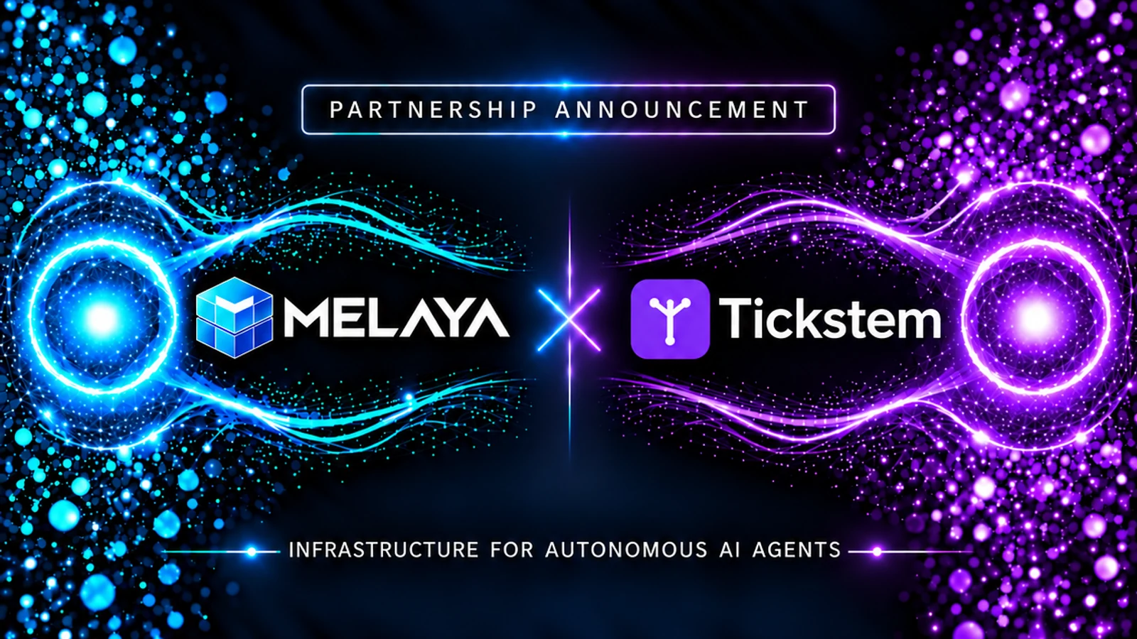 Melaya and Tickstem connected by blue and violet signals for scheduling, uptime monitoring and autonomous AI agent infrastructure